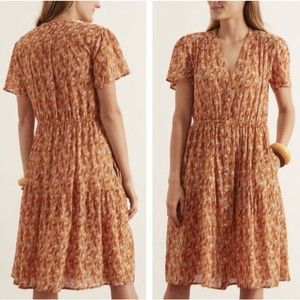 XIRENA Emme Dress In Laurel Orange Floral Print Button Up Short Sleeve Mini S